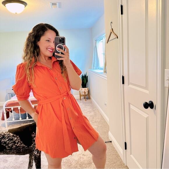 NWT Entro Orange Cotton Puff Sleeve Mini Dress Medium - Picture 1 of 11